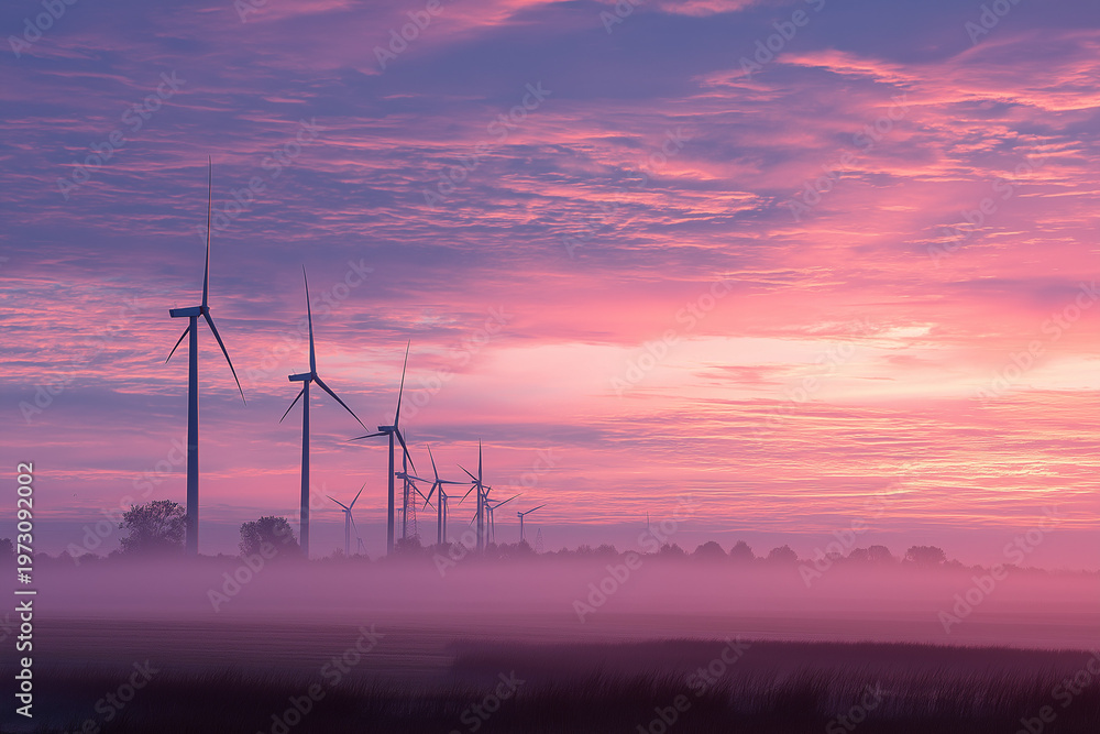Fototapeta premium Misty wind farm at sunrise
