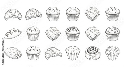 Sweet Pastry Selection Icons Croissant Muffin Cinnamon Roll
