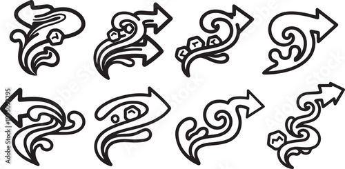 Black and white sketch of eight intricately drawn dragon heads facing forward Vector