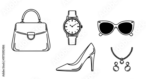 Luxury Fashion Accessories Vector Set with Handbag Watch and Heels