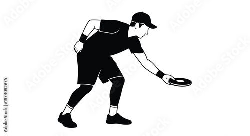A minimalist black and white silhouette depicts a male athlete in mid motion preparing to throw a flying disc showcasing dynamic movement high quality