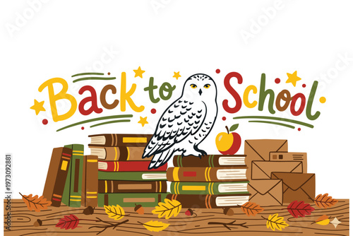 Back to school illustration featuring wise owl sitting on stack of books with fall leaves.