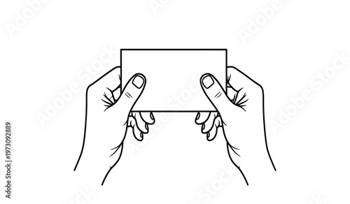 A simple black and white line drawing depicts two hands holding a rectangular card or paper showcasing a minimalist design high quality professional detailed