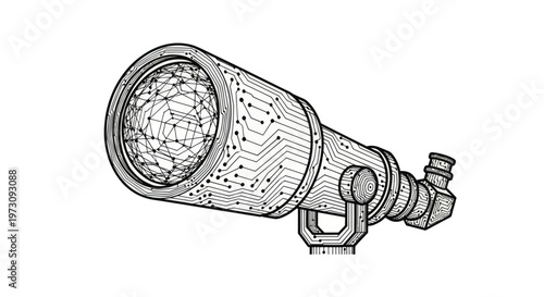 Futuristic telescope with intricate circuit board patterns and a geodesic sphere