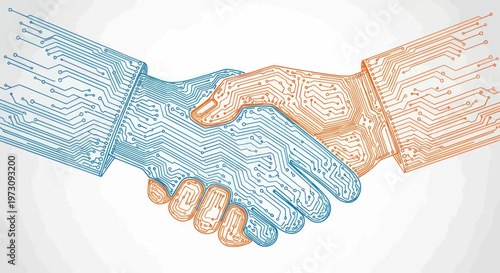 Two abstract hands, formed from circuit board patterns, clasped in a handshake