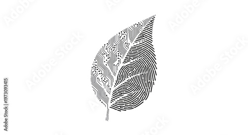 A leaf shape is split, one half printed circuit board, other half fingerprint