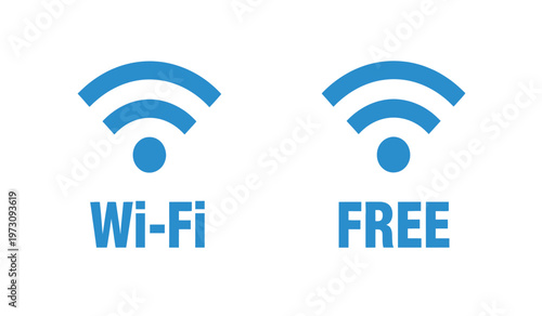 This image displays two blue wifi signal icons alongside the text labels wi fi and free indicating complimentary wireless internet access high quality professional