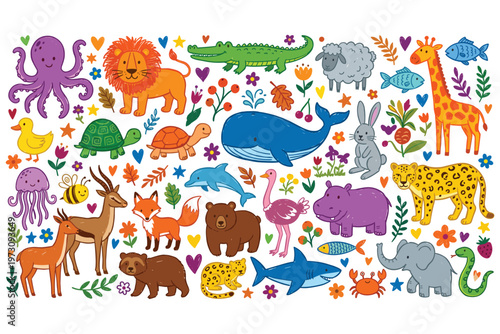 Cute hand drawn animal doodle set including lion elephant bear and aquatic sea creatures.