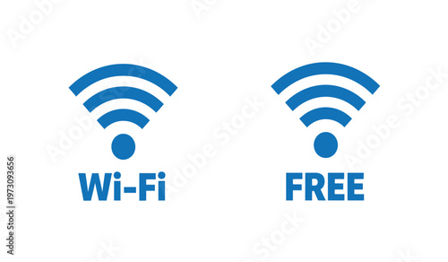 This image presents a blue wifi signal icon repeated twice accompanied by the text wi fi and free below each symbol high quality professional