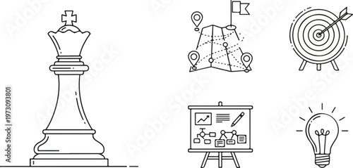 Chess Piece and Business Strategy Icons Vector Illustration