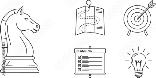 Strategy Icons with Chess Knight Target and Planning