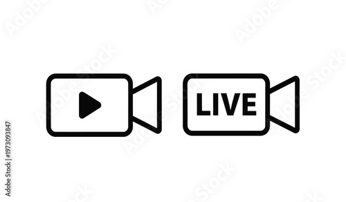 A minimalistic graphic depicts two video player icons side by side one with a play button and the other broadcasting live high quality professional