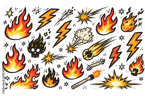 Explosions and fire elements with lightning bolts and comets.