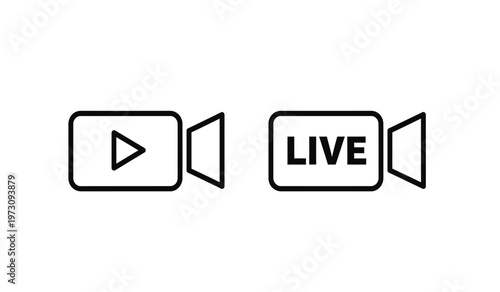 This simple graphic presents two black and white icon designs one indicating a video play button and the other a live broadcast high quality