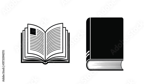 A stark black and white illustration depicts an open book with lined pages and a closed hardcover book showcasing reading and knowledge high quality