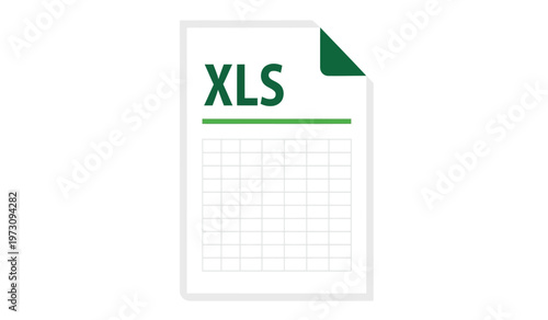 This image depicts a flat illustrative representation of an excel spreadsheet document showcasing the xls file extension and a grid high quality professional detailed