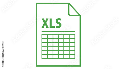 This image depicts a flat stylized green icon representing an excel spreadsheet file showcasing the xls file extension and grid high quality professional detailed