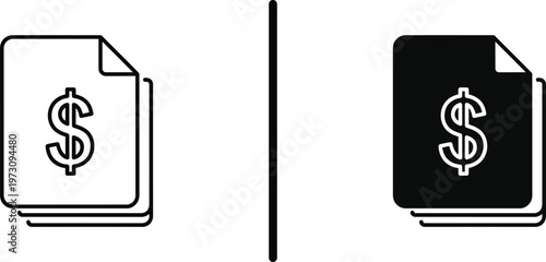 A simple icon illustration of dollar bills in black and white on a clean background