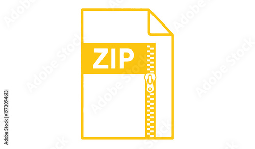 A minimalist digital illustration depicts a yellow zip file icon with a prominent zipper detail suggesting data compression and archiving high quality professional detailed