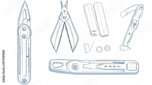 A technical illustration showcasing various multi-tool components against a clean white backdrop