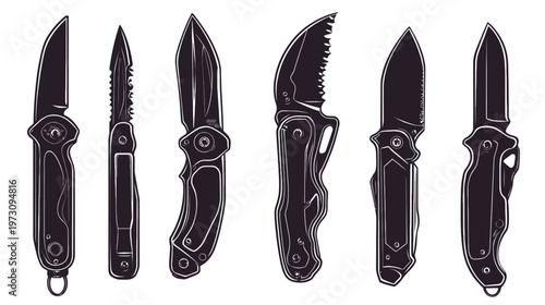 Six distinct monochrome pocket knives displayed against a white backdrop. Various blade designs are shown