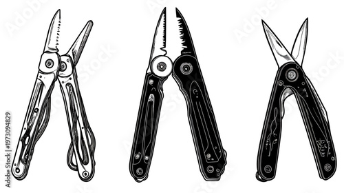Three multi-tool illustrations. Isolated on white background, black and white outlines. Different tools are displayed