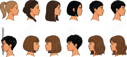 hairstyle collection, women and men haircuts, profile avatars, modern hair styles, braid, bob, short and long hair, trendy looks, flat illustration, character set