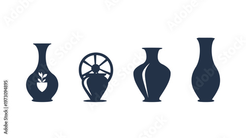 Collection of stylized dark blue vases with various shapes on a white background