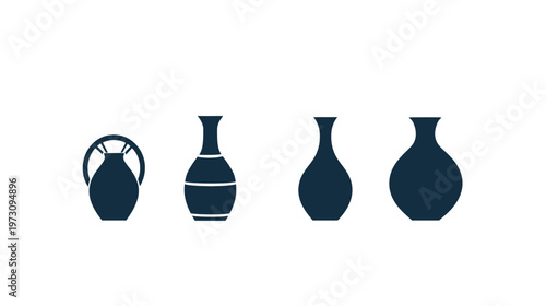 Four dark blue, simple vase illustrations on a white background, varying in shape and style
