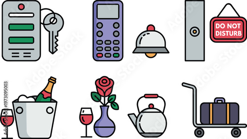 Hotel service icons set including key card, room service, reception bell, luggage cart, do not disturb sign illustration