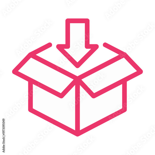 Vector icon of a pink box with an arrow indicating download or unpacking