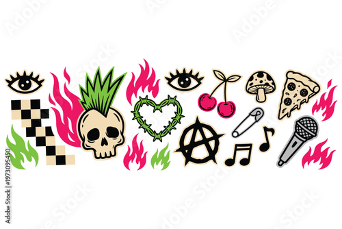 Punk rock music collection: set of hand-drawn rebel illustrations and protest elements.
