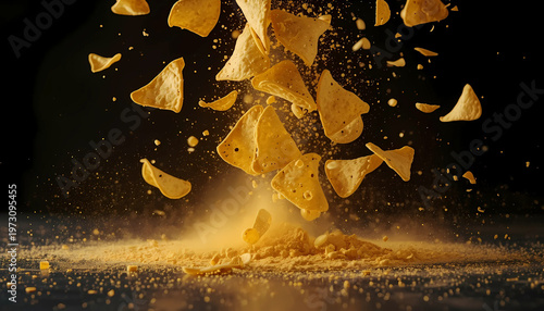 Crunchy tortilla chips exploding in a dark background with golden light