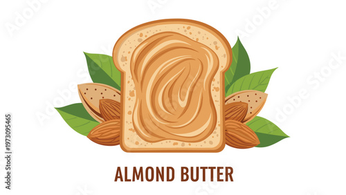 Illustration of a slice of toasted bread spread with creamy almond butter and surrounded by whole almonds and leaves.