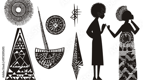 Black and white image of abstract shapes and two silhouettes of figures