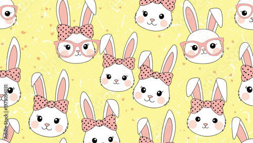 Playful seamless pattern with cute white bunny heads wearing pink glasses and polka dot bows on a textured yellow background.