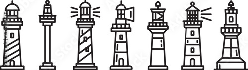 Classic lighthouses standing tall against a white background Vector