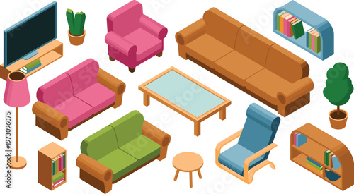 Modern colorful isometric living room furniture set with sofa chairs table bookshelf lamp TV decor interior design illustration vector collection