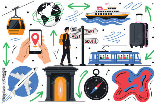 Photos Travel and transportation elements with globe and navigation signs