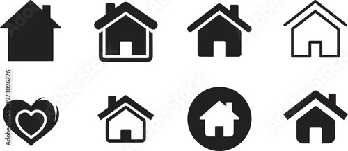 Collection of black and white house icons and symbols representing home love and shelter