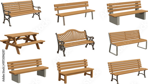 park bench collection, wooden benches set, outdoor seating furniture, garden bench design, street furniture, modern classic benches, flat illustration, urban park elements