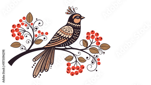 Folk art illustration depicts a stylised bird with intricate patterns perched on a berry branch against a clean white background.