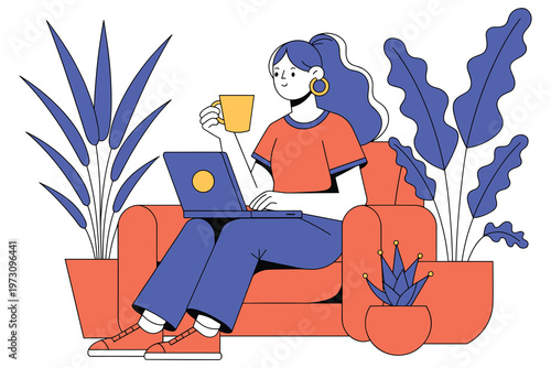 Woman sitting in comfortable orange armchair using laptop computer while drinking tea mug.