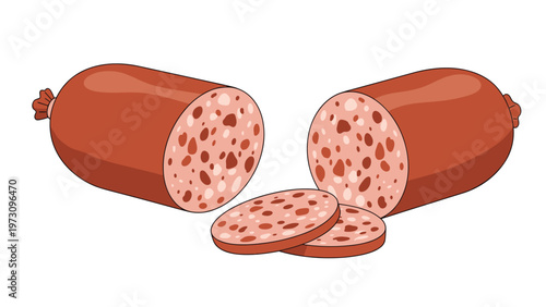 Graphic illustration of a sliced piece of salami sausage showing the interior texture and fat marbling on a plain white background.