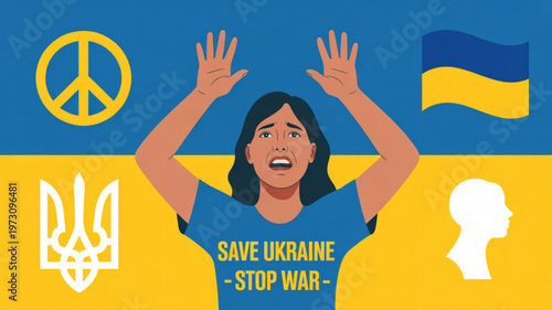 Woman protesting with save ukraine stop war shirt against conflict background