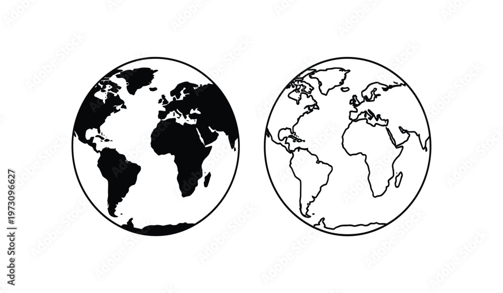 Obraz premium This illustration depicts two circular representations of earth one shaded to show continents and oceans and one as a white outline high quality professional