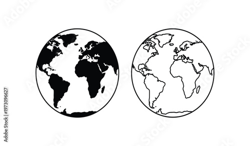 This illustration depicts two circular representations of earth one shaded to show continents and oceans and one as a white outline high quality professional