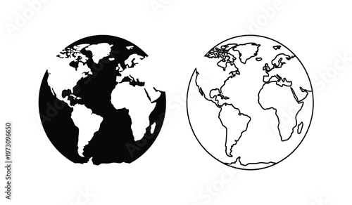This image showcases two simplified depictions of earth one in solid black and the other as a white outline highlighting continental forms high quality