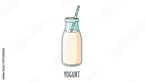 Simple illustration features a glass bottle filled with creamy yogurt and a blue striped straw with the label text below.