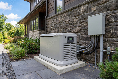 Modern standby home generator installed outside a residential house